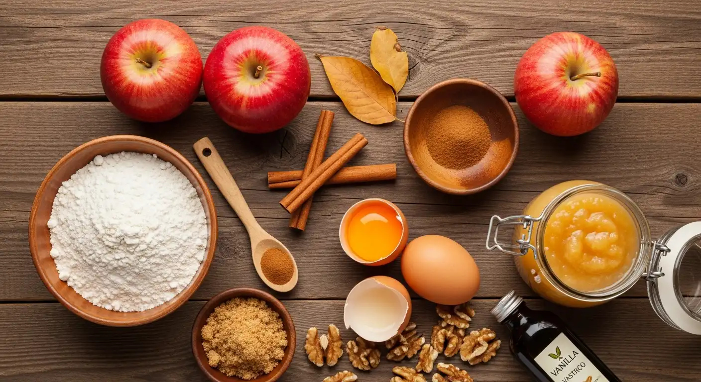 Ingredients for apple fritter bread: apples, flour, cinnamon, walnuts, and brown sugar.