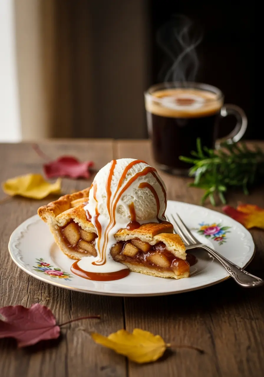 Slice of warm apple pie with cinnamon crust served à la mode with vanilla ice cream and caramel.