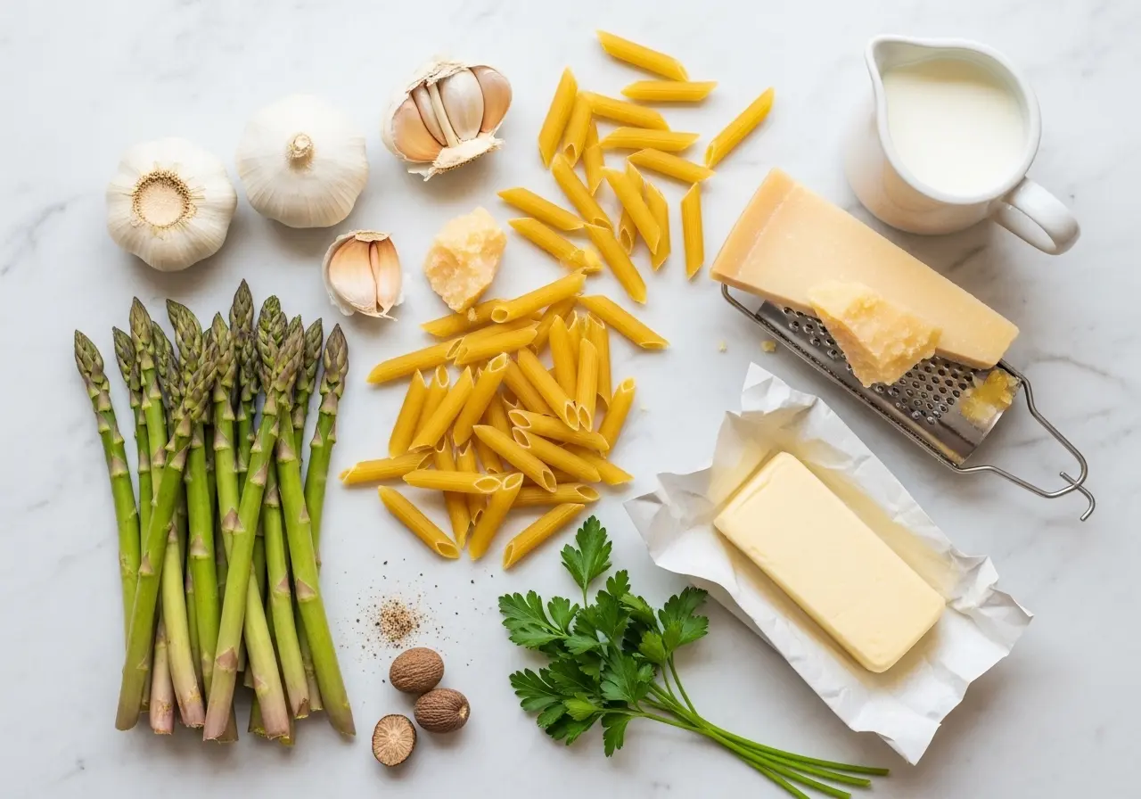Fresh spring ingredients for asparagus alfredo: green asparagus, pasta, garlic, Parmesan cheese, butter, cream, and parsley.