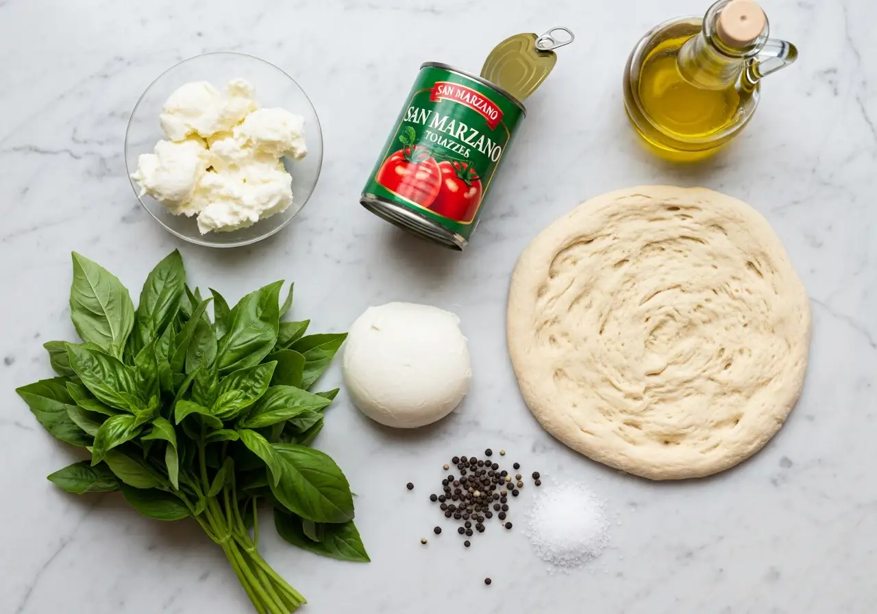 Ingredients for Margherita pizza: fresh dough, San Marzano tomatoes, buffalo mozzarella, basil, olive oil, salt, and pepper.