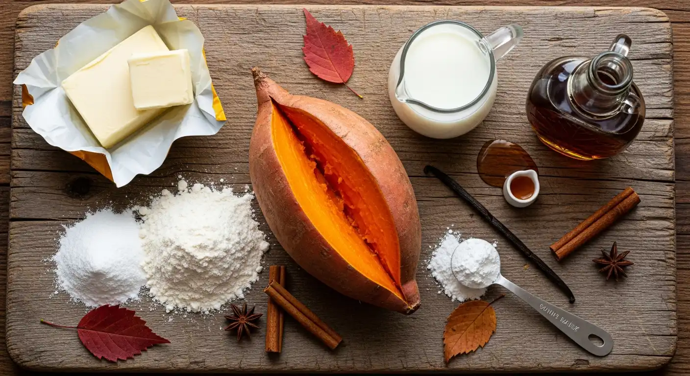 Ingredients for sweet potato biscuits: roasted sweet potato, flour, buttermilk, and maple syrup.