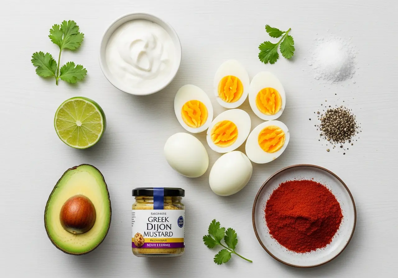 Ingredients for avocado deviled eggs recipe including boiled eggs, avocado, lime, Greek yogurt, Dijon mustard, and spices.