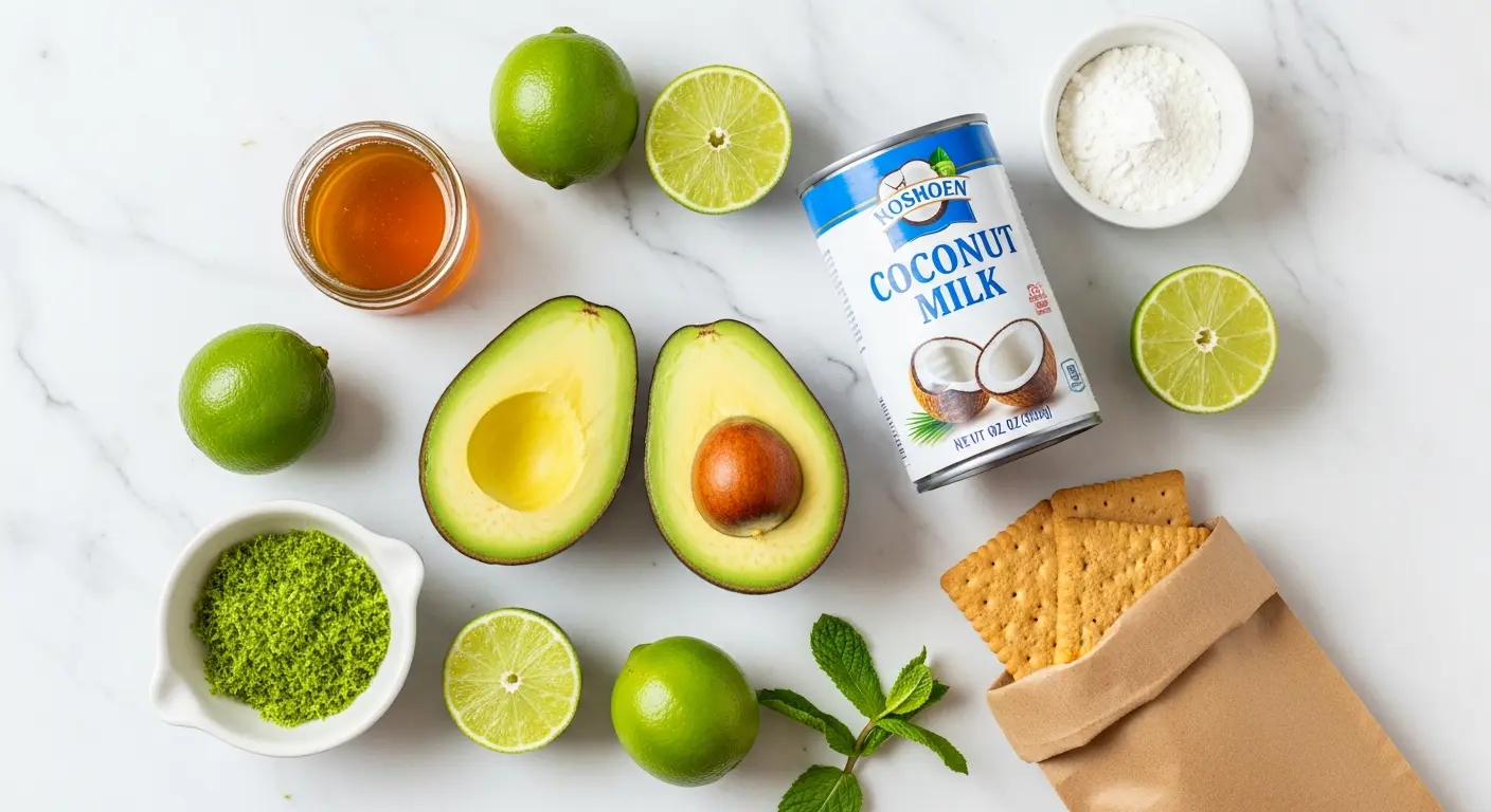 Ingredients for avocado key lime pie recipe including fresh avocados, key limes, honey, coconut milk, and graham crackers.


