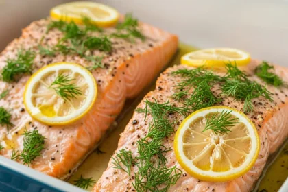 Close-up of moist, flaky baked salmon fillets topped with lemon slices and fresh dill in a baking dish.