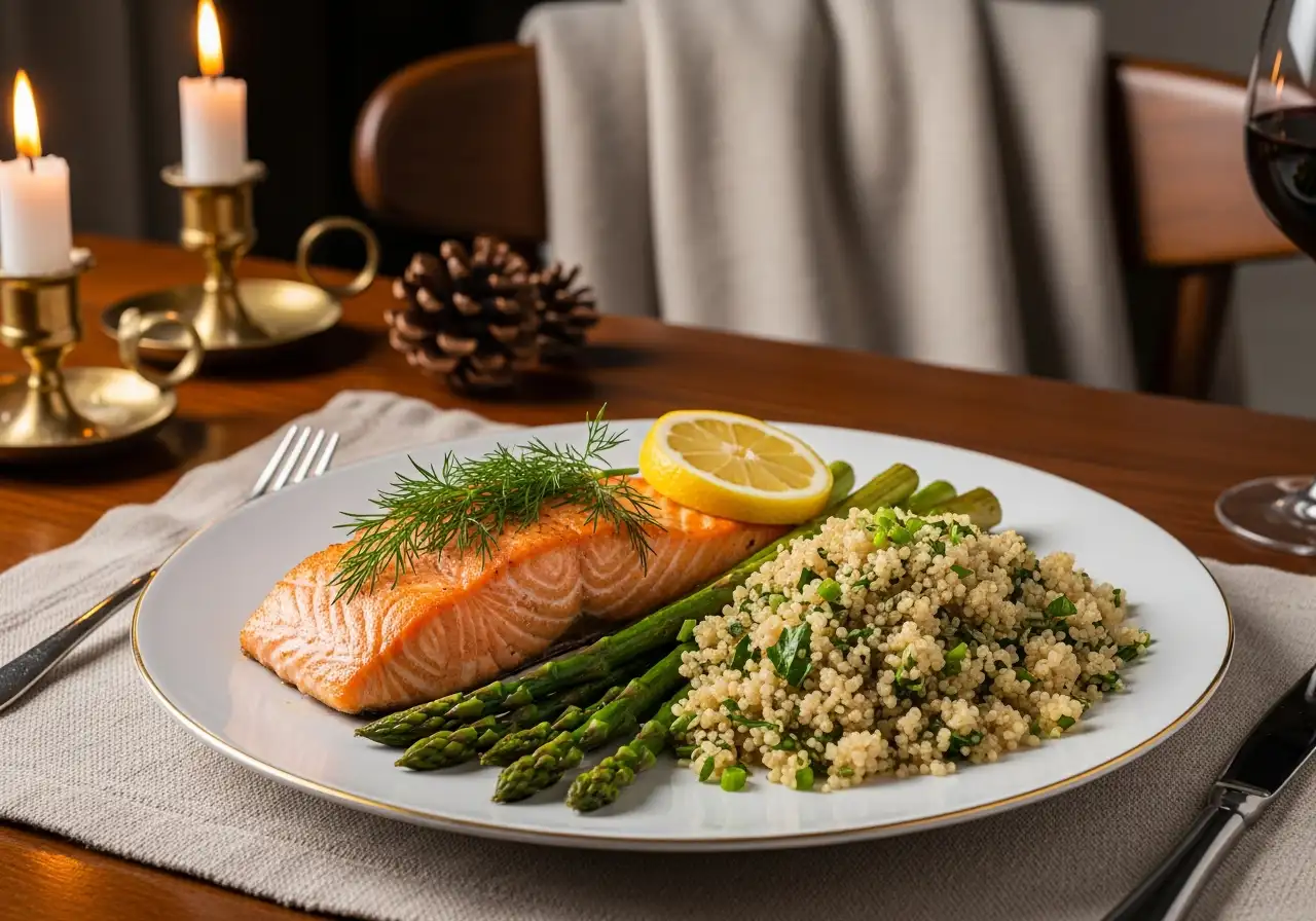Plated baked salmon with lemon and dill, served with a side of quinoa and roasted asparagus for a complete meal.