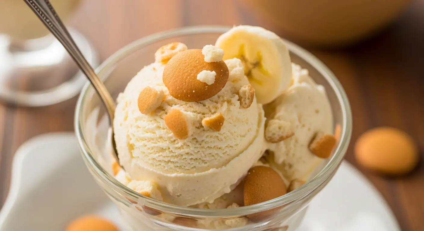 A scoop of homemade banana pudding ice cream with vanilla wafer crumbles in a glass.