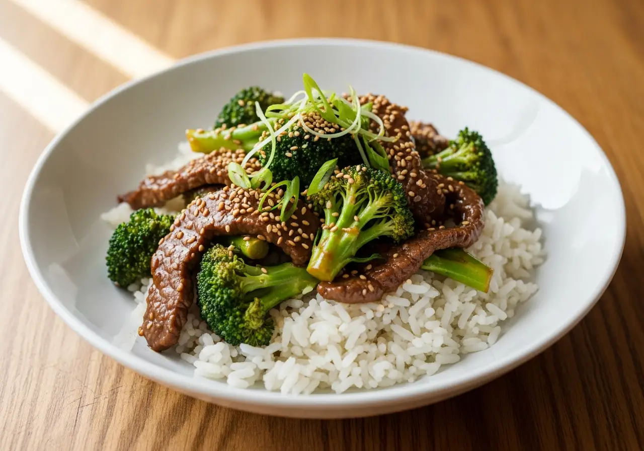Bowl of beef and broccoli stir fry served over steamed jasmine rice, garnished with green onions.