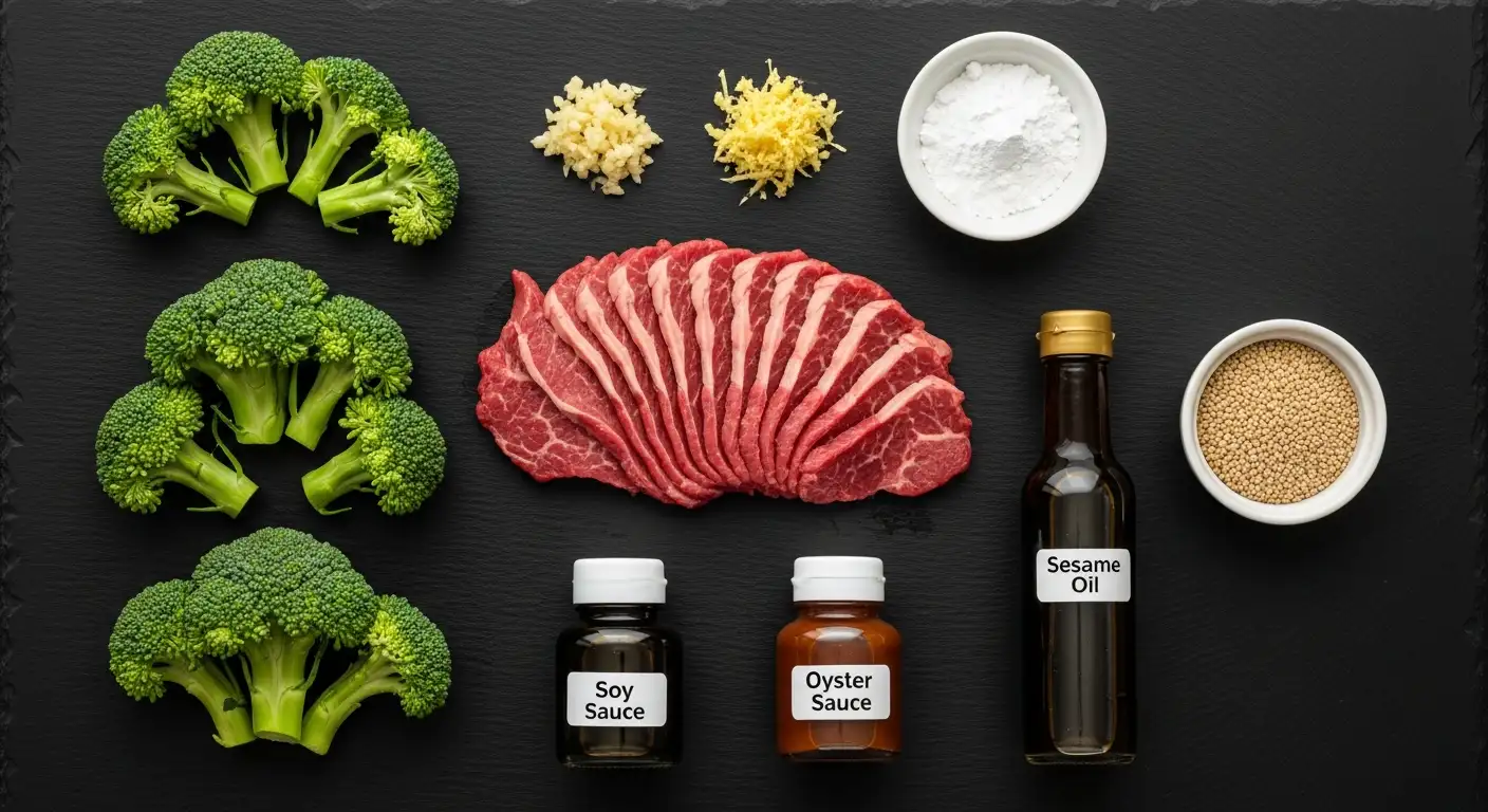 Ingredients for beef broccoli stir fry: sliced steak, broccoli, soy sauce, oyster sauce, garlic, ginger, and sesame oil.