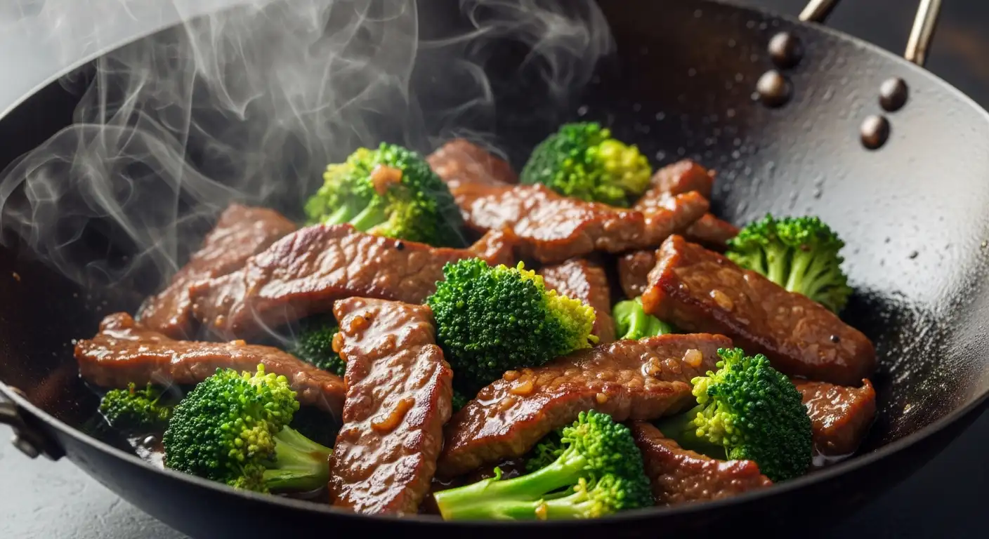 Close-up of beef and broccoli stir fry sizzling in a hot wok with steam rising, showing a glossy sauce.