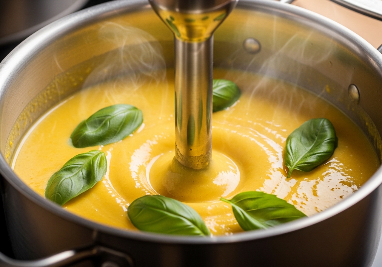 Immersion blender pureeing golden corn soup in a pot with fresh basil leaves floating on top.