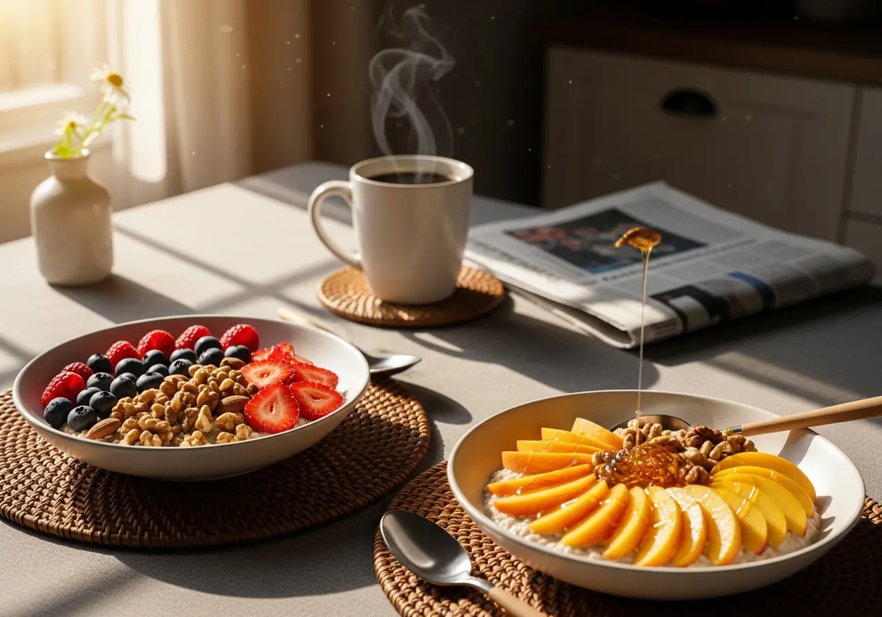 Two bowls of creamy oatmeal with different fruit toppings served at a cozy breakfast table with coffee.