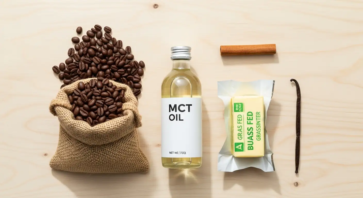 Ingredients for Bulletproof Coffee: coffee beans, MCT oil, grass-fed butter, and cinnamon.
