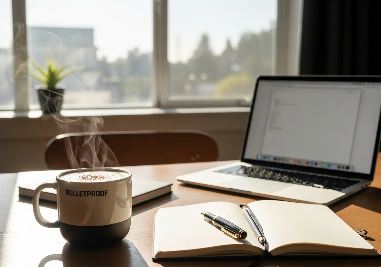 Mug of Bulletproof Coffee served on a home office desk to boost focus and energy.