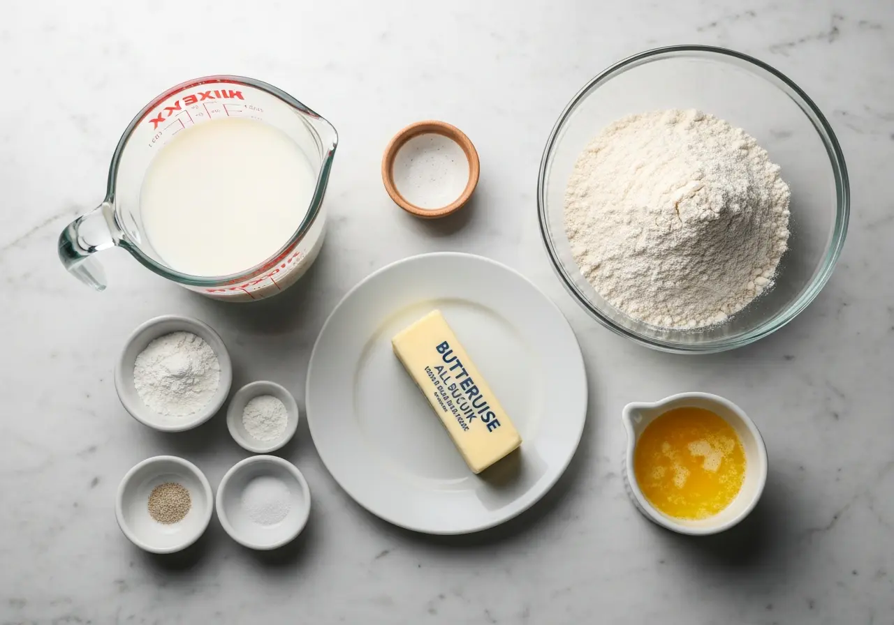 Raw ingredients for making buttermilk biscuits including flour, buttermilk, cold butter, baking powder, baking soda, and salt arranged neatly.