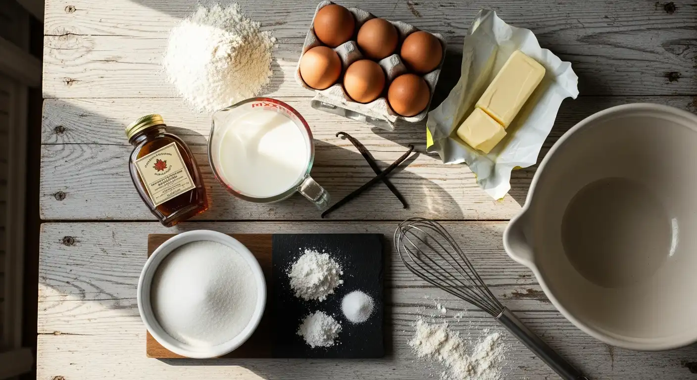 Ingredients for homemade buttermilk pancakes: flour, buttermilk, eggs, butter, and maple syrup.