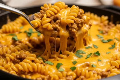 Close-up of a creamy cheeseburger pasta skillet with melted cheese and ground beef.