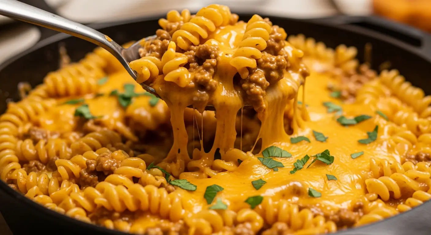 Close-up of a creamy cheeseburger pasta skillet with melted cheese and ground beef.