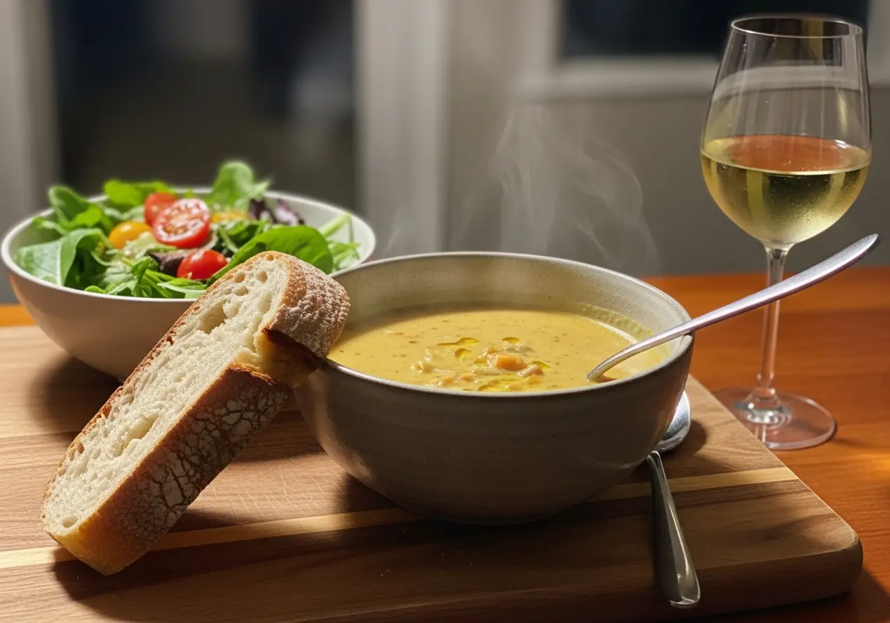 Served bowl of chicken gnocchi soup with crusty bread and a side salad for dinner.