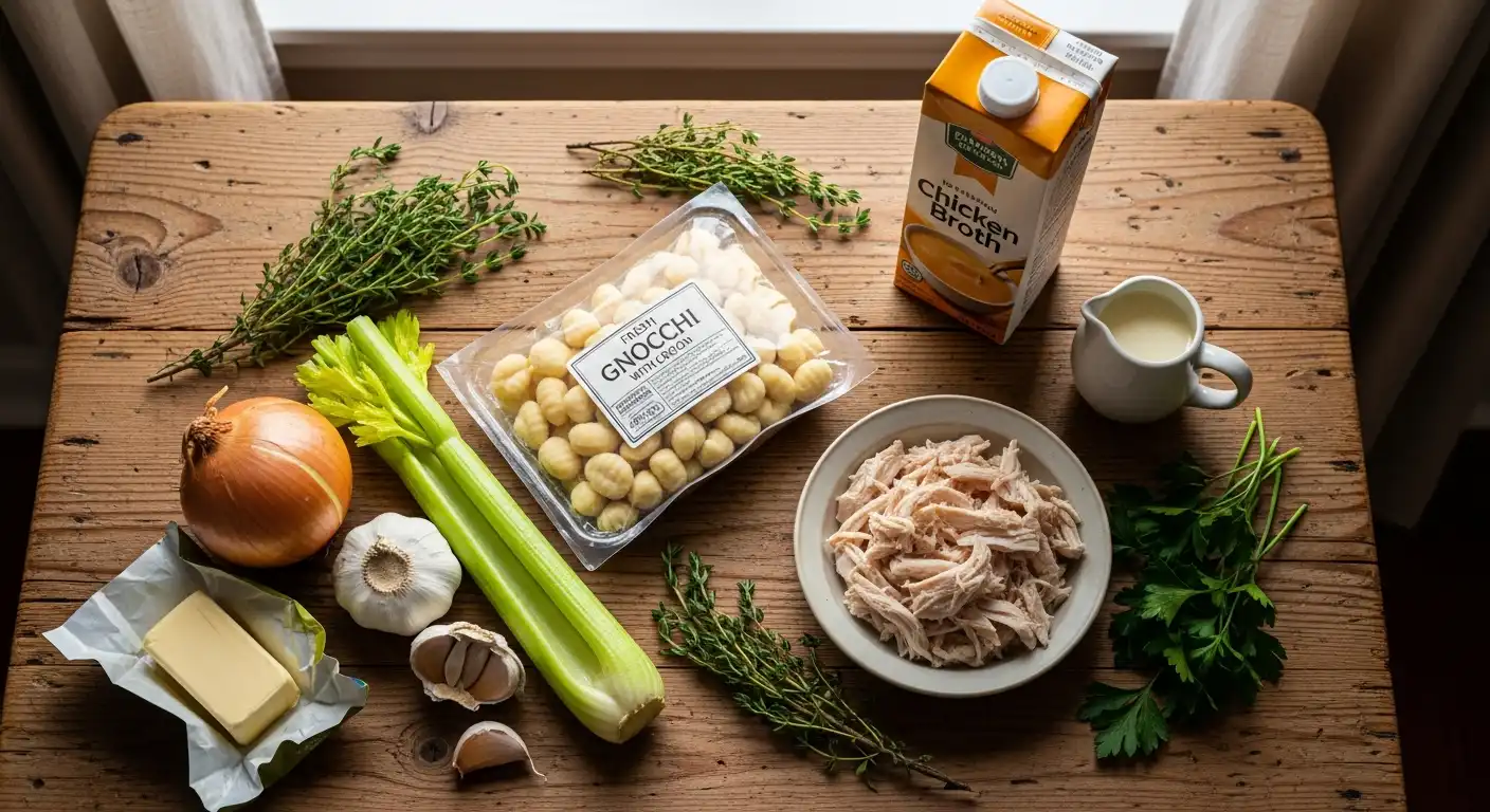 Ingredients for creamy chicken gnocchi soup: gnocchi, chicken, broth, herbs, and vegetables.