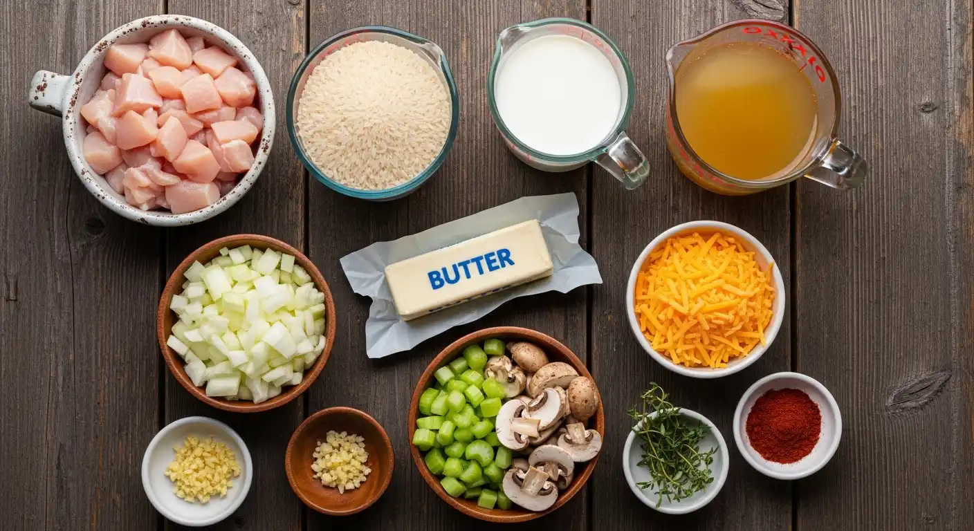 Raw ingredients for chicken rice casserole recipe including chicken, rice, vegetables, cheese, broth, and spices.