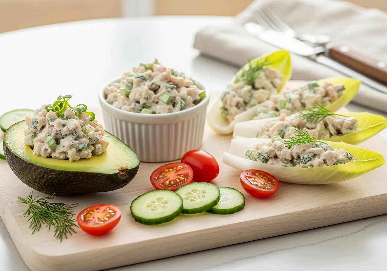 Low-carb serving of chicken salad in avocado halves and endive lettuce cups.