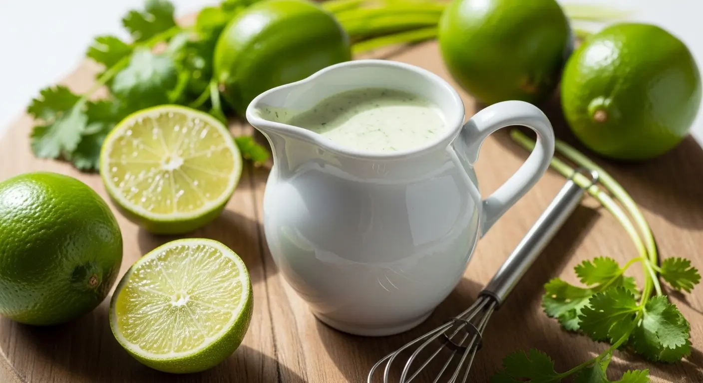 A small ceramic pitcher filled with creamy green cilantro lime tahini dressing, surrounded by fresh limes and cilantro sprigs.