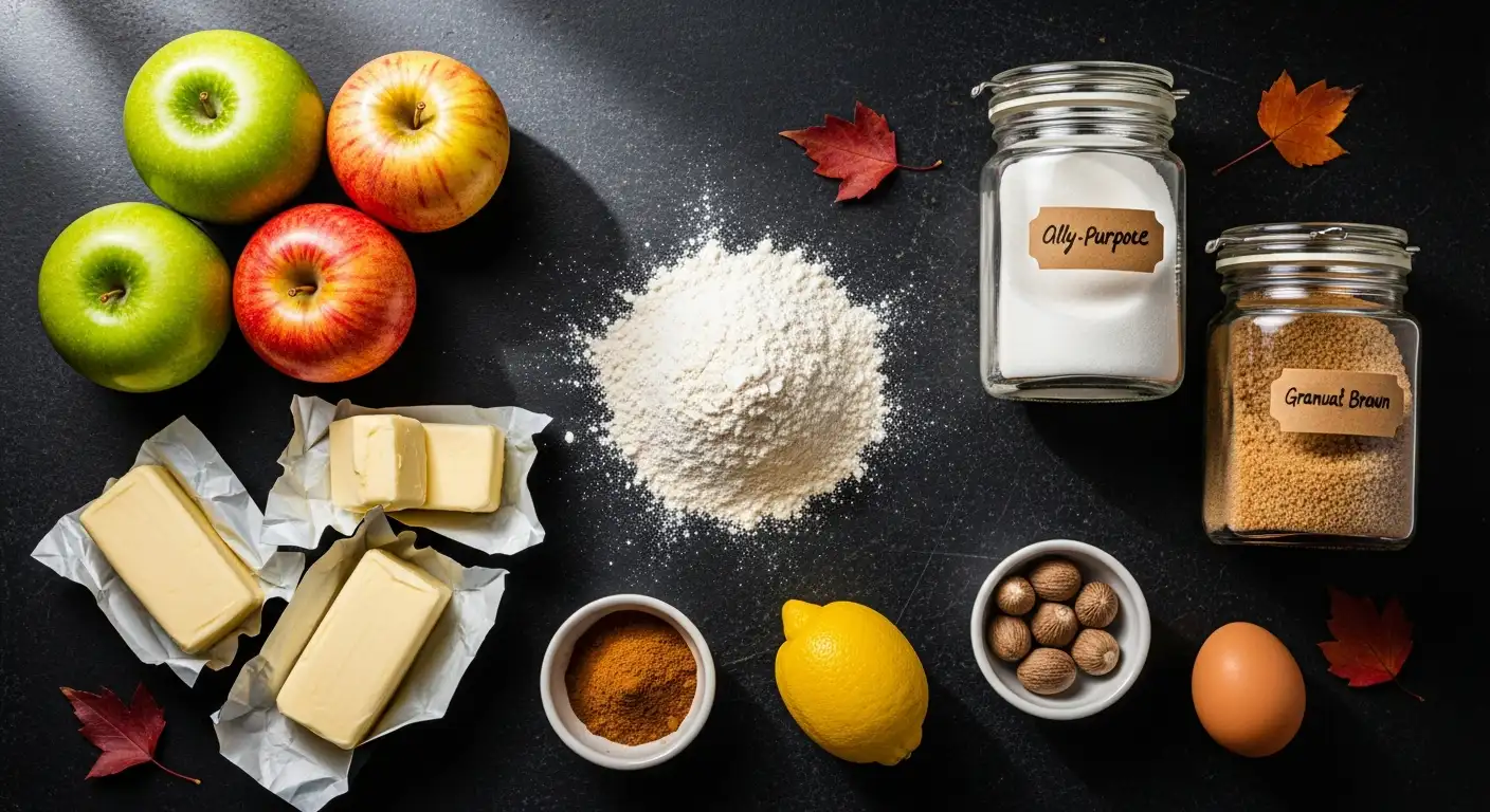 Ingredients for homemade apple pie including apples, flour, sugar, butter, cinnamon, and spices.

