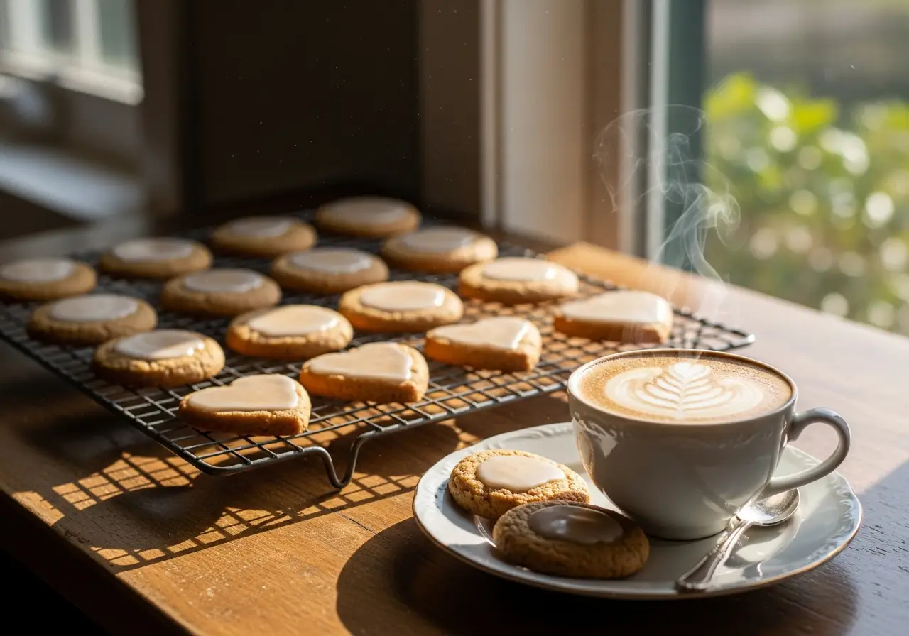 Freshly baked cinnamon roll cookies on a cooling rack, served on a plate with a cup of coffee.
