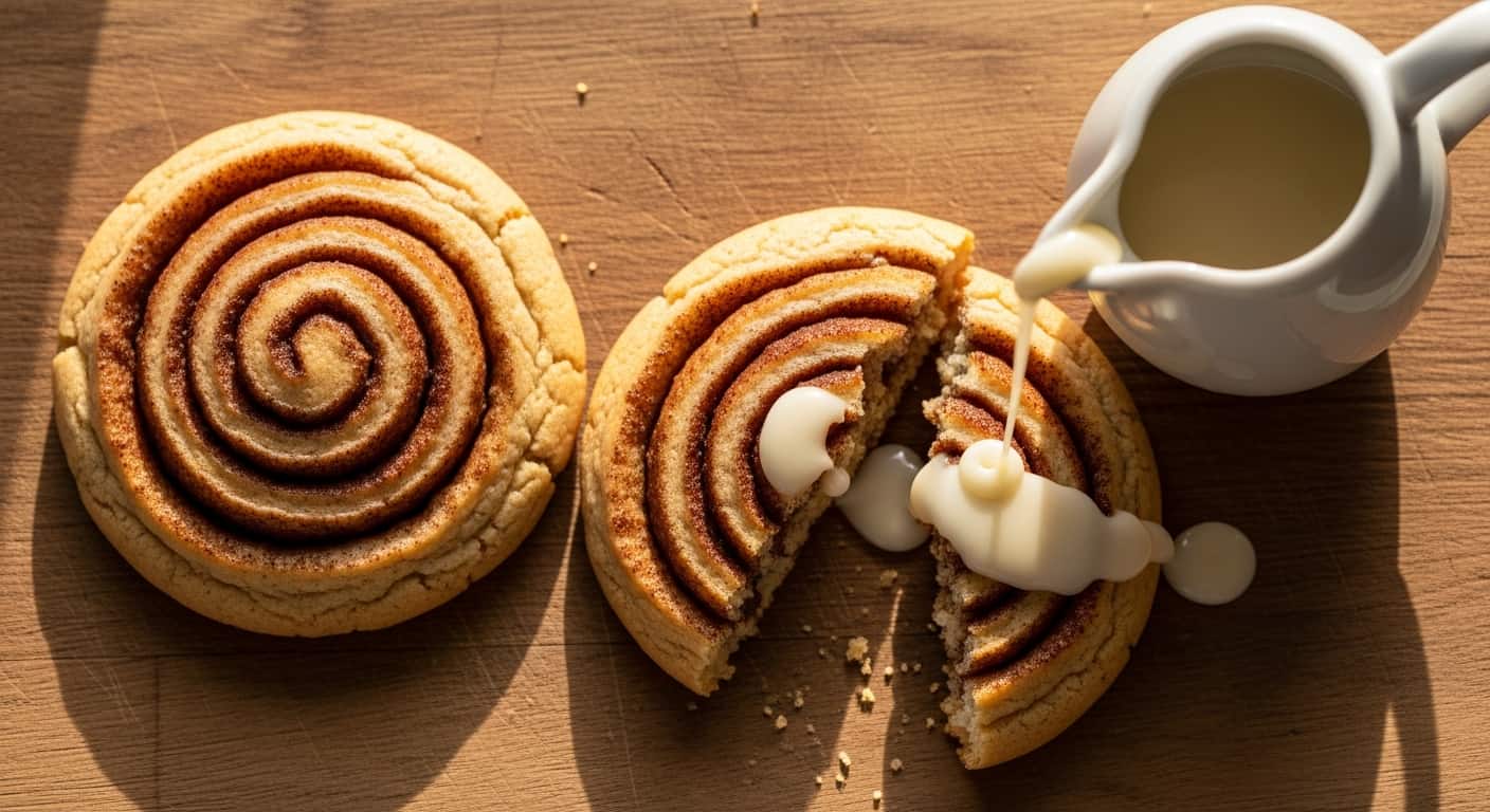 Overhead shot of soft, swirled cinnamon roll cookies with a broken piece and a drizzle of cream cheese glaze.
