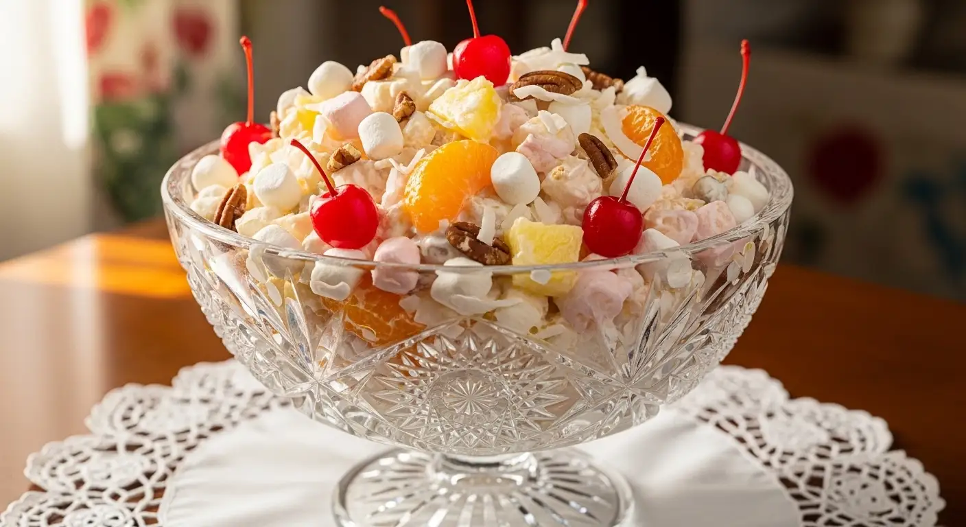 A beautiful vintage glass bowl filled with classic ambrosia salad featuring pineapple, mandarin oranges, marshmallows, coconut, and cherries.