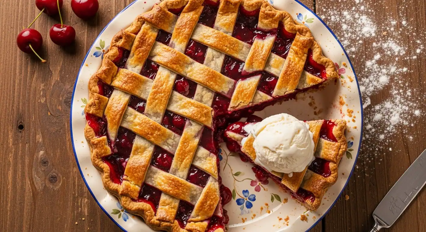 Overhead view of a golden lattice cherry pie with a slice cut showing thick red filling and vanilla ice cream.