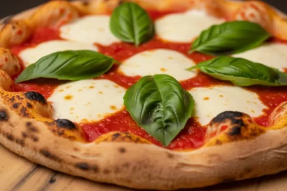 Close-up of a classic Margherita pizza with melted mozzarella, tomato sauce, and fresh basil leaves on a charred crust.
