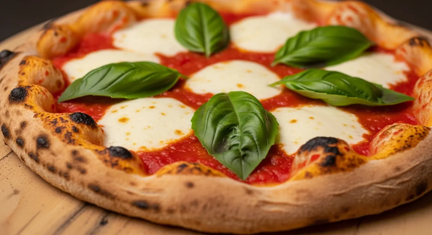 Close-up of a classic Margherita pizza with melted mozzarella, tomato sauce, and fresh basil leaves on a charred crust.