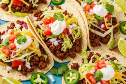 Classic ground beef tacos with lettuce, tomato, cheese, and sour cream on corn tortillas.