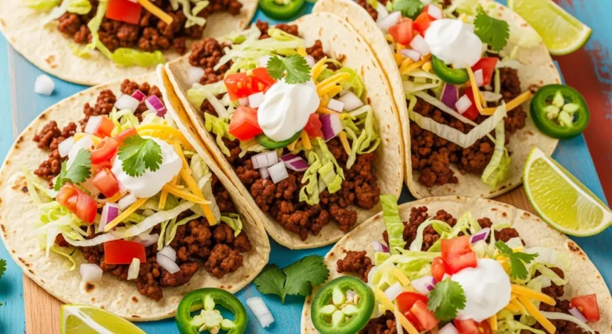 Classic ground beef tacos with lettuce, tomato, cheese, and sour cream on corn tortillas.