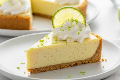 A slice of classic key lime pie with creamy filling, graham cracker crust, and whipped cream.