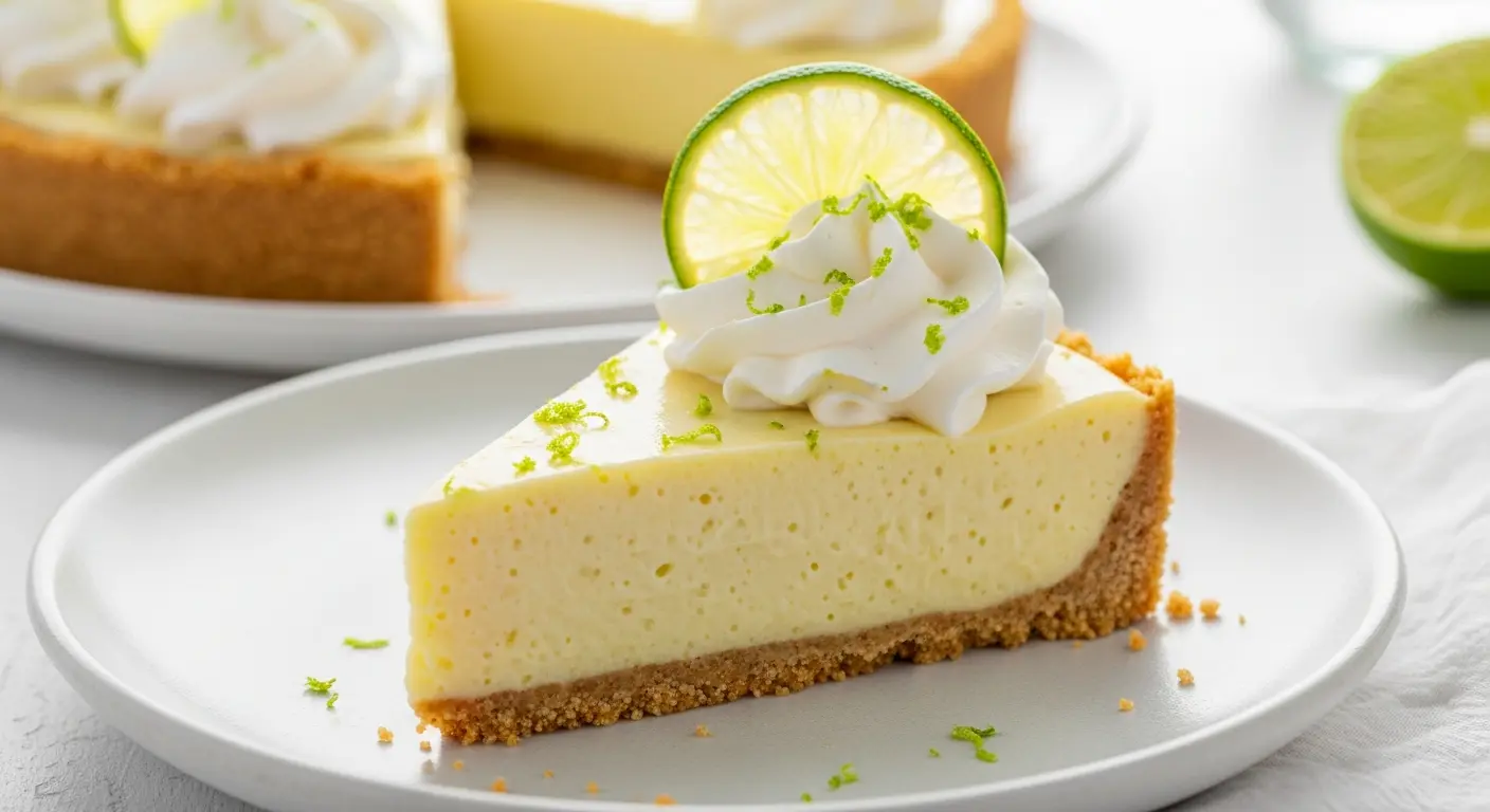 A slice of classic key lime pie with creamy filling, graham cracker crust, and whipped cream.