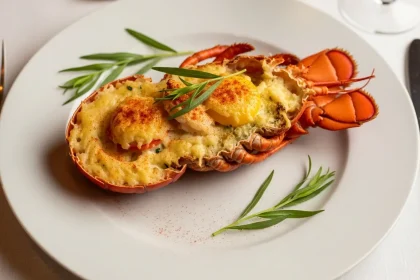 Elegant close-up of Lobster Thermidor served in its shell with a golden cheese crust and tarragon garnish.