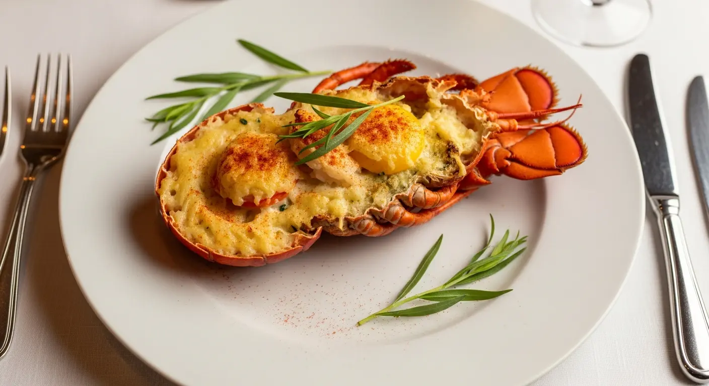 Elegant close-up of Lobster Thermidor served in its shell with a golden cheese crust and tarragon garnish.