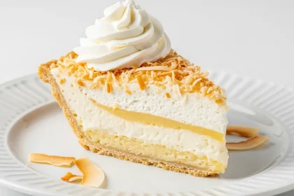 A slice of coconut cream pie with whipped cream and toasted coconut topping on a white plate.