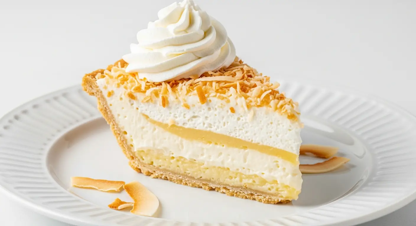 A slice of coconut cream pie with whipped cream and toasted coconut topping on a white plate.