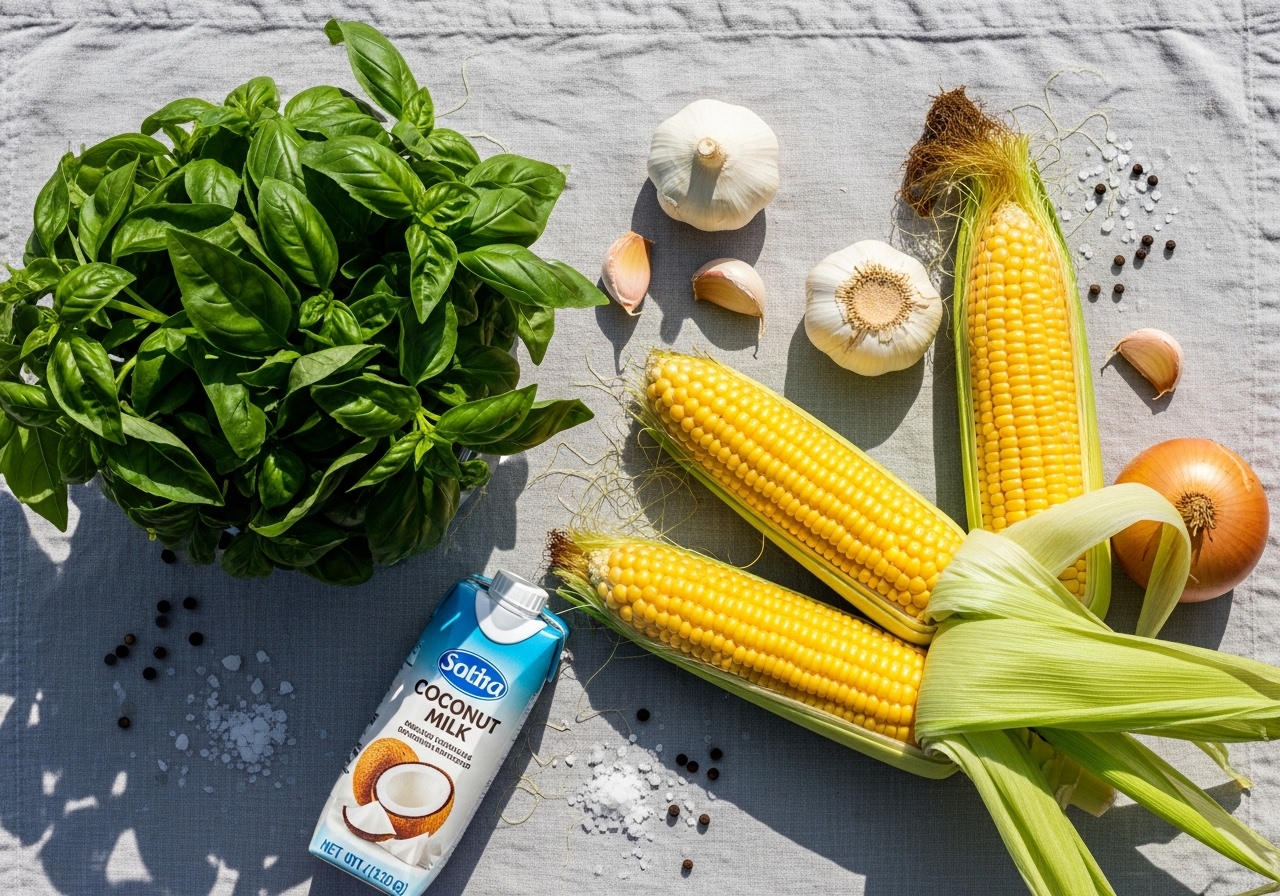 Fresh summer ingredients for corn soup: sweet corn on the cob, fresh basil, garlic, onion, and coconut milk.