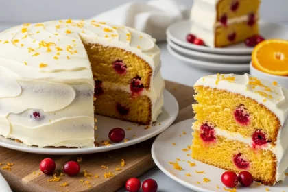 Festive two-layer cranberry orange cake with cream cheese frosting, a slice cut to show interior.