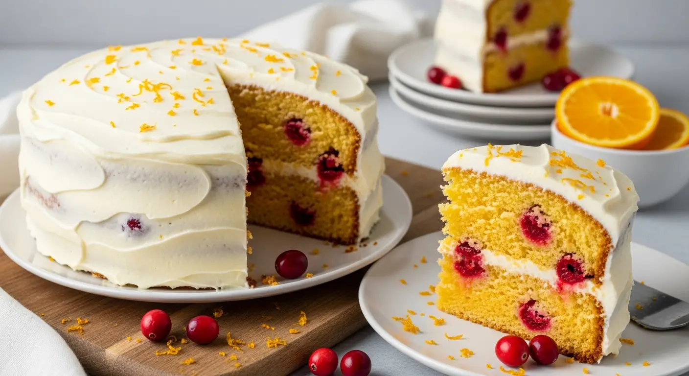 Festive two-layer cranberry orange cake with cream cheese frosting, a slice cut to show interior.