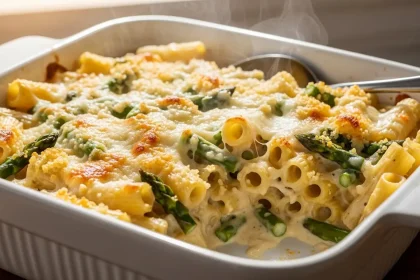 A golden-brown baked asparagus alfredo pasta in a white ceramic dish, showing creamy sauce, tender pasta, and vibrant green asparagus.