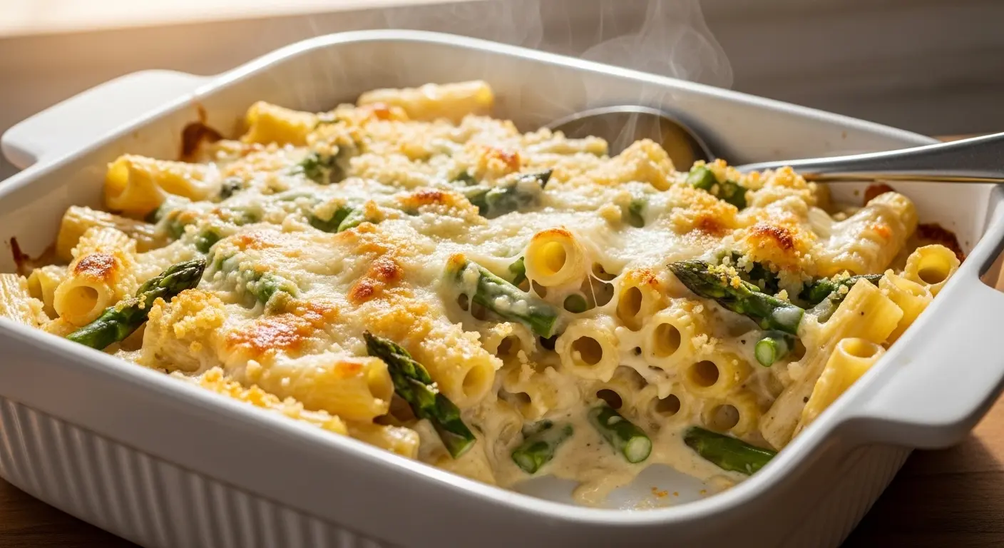 A golden-brown baked asparagus alfredo pasta in a white ceramic dish, showing creamy sauce, tender pasta, and vibrant green asparagus.