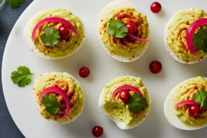 Elegant platter of creamy avocado deviled eggs with vibrant green filling, garnished with smoked paprika, cilantro, and pickled onions.