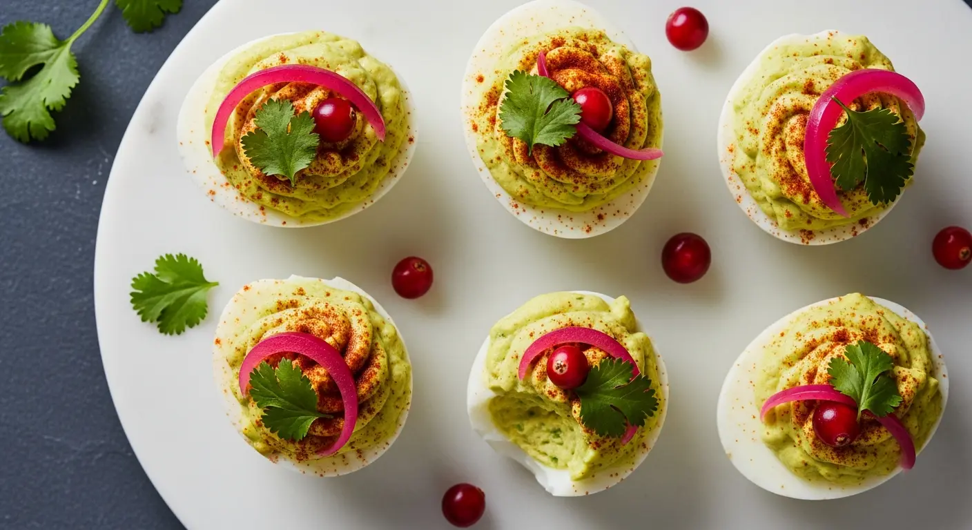 Elegant platter of creamy avocado deviled eggs with vibrant green filling, garnished with smoked paprika, cilantro, and pickled onions.