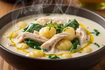 Close-up of a creamy chicken and gnocchi soup with spinach and herbs in a rustic bowl.