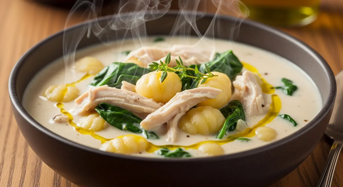 Close-up of a creamy chicken and gnocchi soup with spinach and herbs in a rustic bowl.